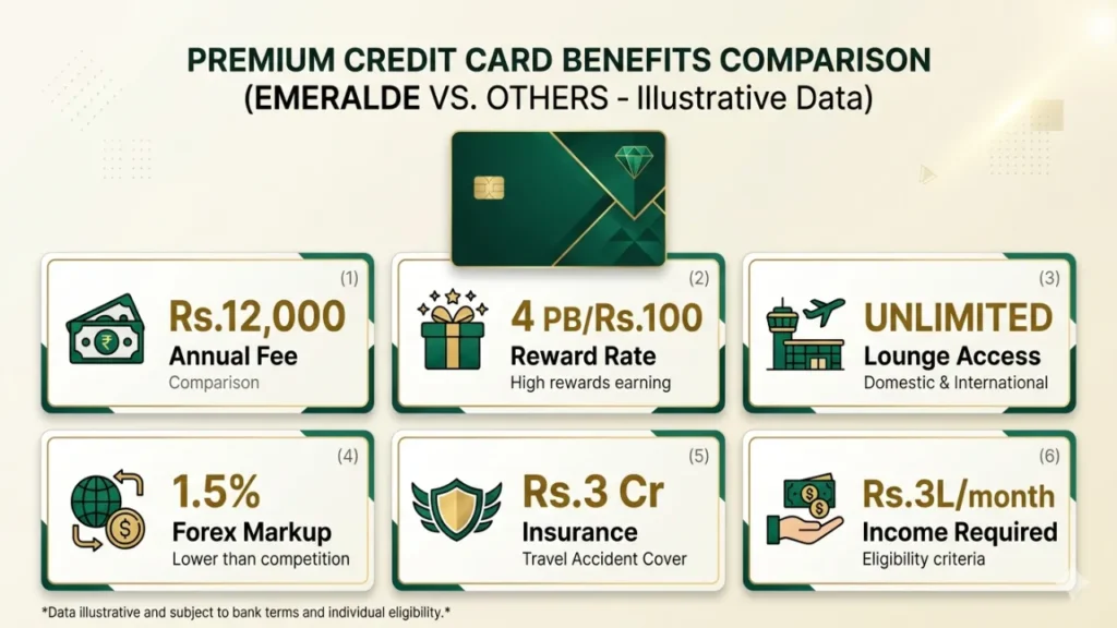 ICICI Emeralde Credit Card के मुख्य highlights fees benefits एक नज़र में